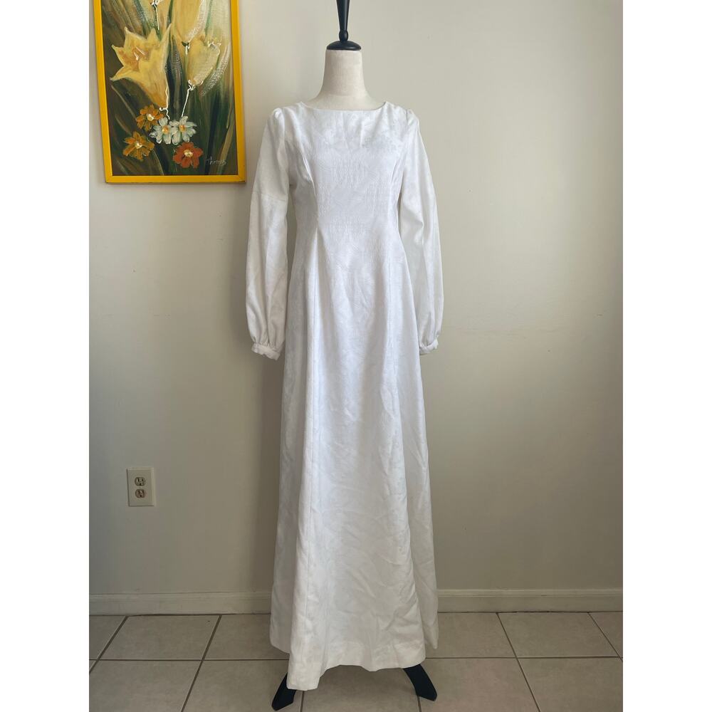 Vintage 60s 70s White Long Sleeve Maxi Dress Medium - Picture 3 of 7
